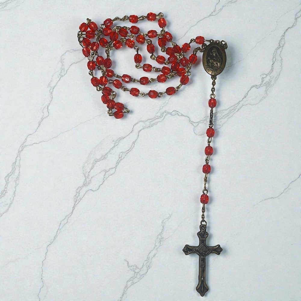 Vintage red Bead Italian Rosary 21" Miraculous Medal Center & INRI Crucifix